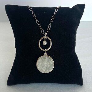 Sterling Silver 925 Round Quartz Druzy & Pearl Cable Chain Necklace 24"